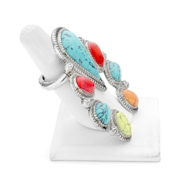 NEW Bohemian Statement Turquoise Multicolor Stone Silver Ring Adjustable - Picture 8 of 8